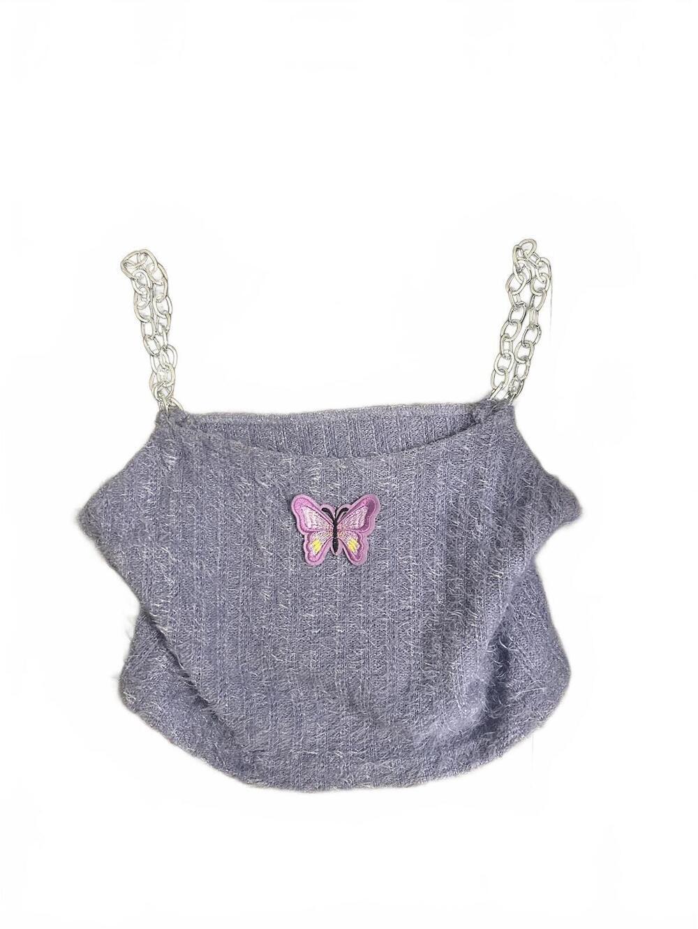 Purple Knit Crop Top with Chain Straps and Butterfly Patch